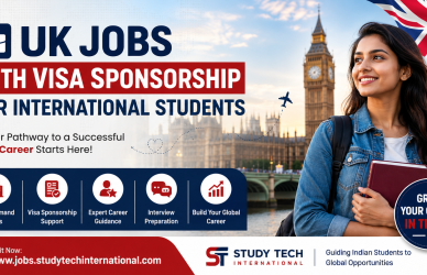 UK jobs with visa sponsorship blog thumbnail featuring a smiling international student holding books in front of Big Ben and the London skyline, with bold text highlighting career opportunities, visa support, and global career growth in the UK.