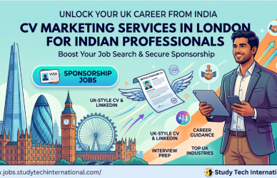 vvA professional blog thumbnail for Study Tech International titled "CV Marketing Services in London for Indian Professionals." The image features a confident Indian male professional in a business suit holding a tablet, set against a stylized London skyline including the Shard and Big Ben. Infographic elements highlight key services like "Sponsorship Jobs," "UK-Style CV & LinkedIn," and "Interview Prep," with the website URL and company branding clearly displayed at the bottom.